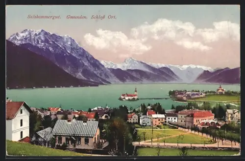 AK Gmunden, Blick auf den See und Schloss Ort