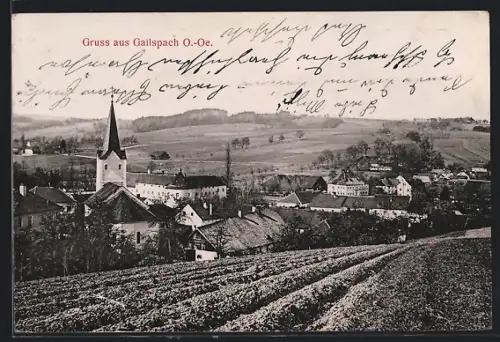 AK Gallspach, Ortsansicht mit Feldern und Kirche