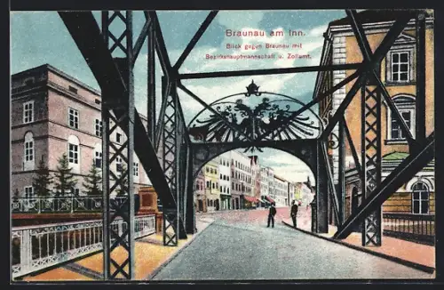 AK Braunau a. Inn, Blick gegen Braunau mit Bezirkshauptmannschaft u. Zollamt