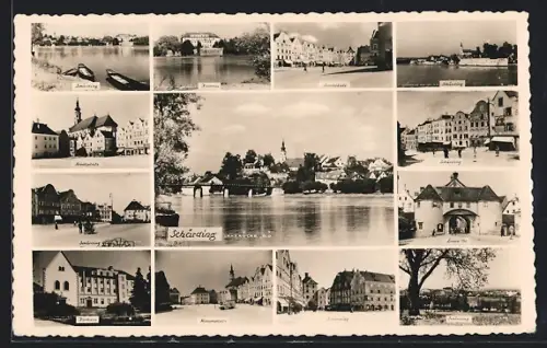 Foto-AK Schärding, Innbrücke, Stadt- u. Hauptplatz, Kurhaus, Linzer-Tor