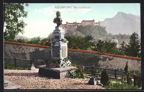 AK Salzburg, Mozartbüste mit Blick zur Festung