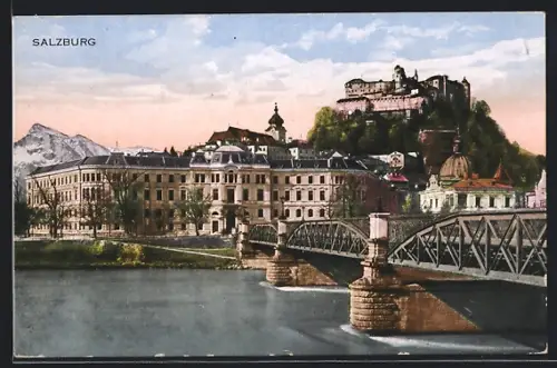 AK Salzburg, Brücke mit Blick zur Festung