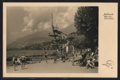 AK Millstatt /Kärnten, Strandbad mit Springturm, Badegästen