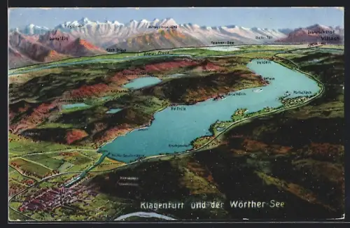 AK Klagenfurt, Gesamtansicht aus der Vogelschau mit Blick auf den Wörther-See