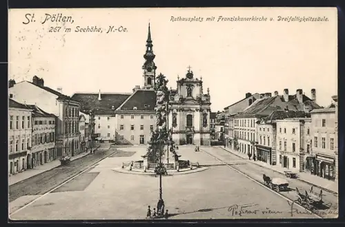 AK St. Pölten, Rathausplatz mit Franziskanerkirche u. Dreifaltigkeitssäule