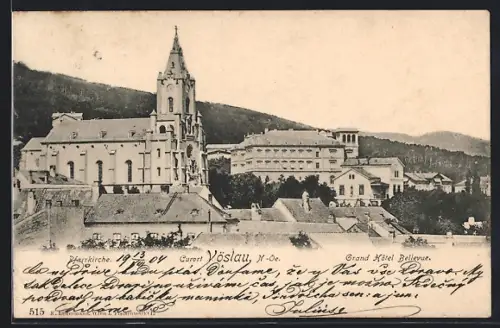 AK Vöslau /N.-Oe., Grand Hotel Bellevue und Pfarrkirche