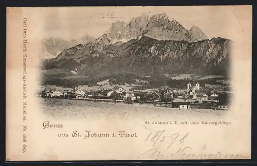 AK St. Johann i. Tirol, Teilansicht mit dem Kaisergebirge
