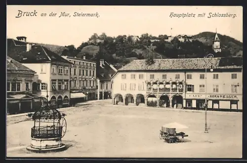 AK Bruck an der Mur, Hauptplatz mit dem Schlossberg und Café Kornmesser