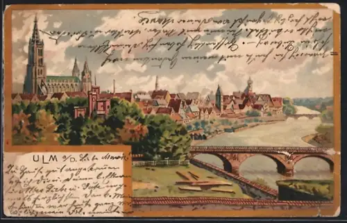 Lithographie Ulm a. D., Donaupartie mit Brücke und Münster