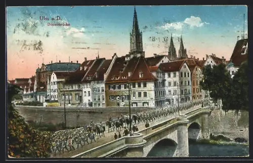 AK Ulm / Donau, Teilansicht mit Donaubrücke