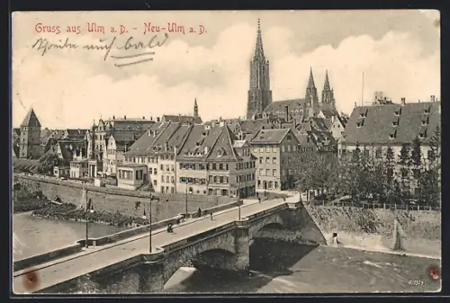 AK Ulm / Donau, Uferpartie mit Münster u. Brücke