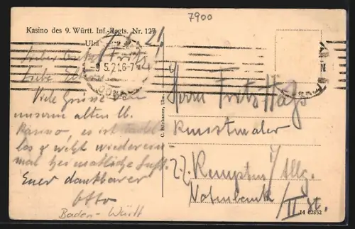 AK Ulm / Donau, Kasino des 9. Württ. Infanterie-Regiments Nr. 127, Kaserne