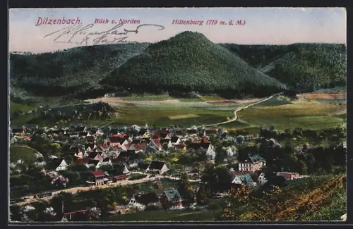 AK Ditzenbach, Blick von Norden über den Ort zur Hiltenburg