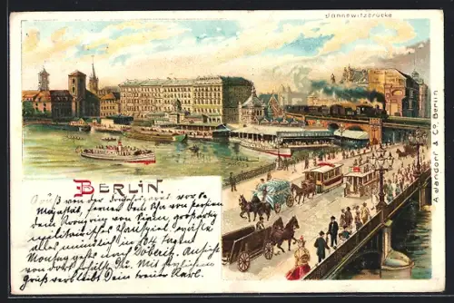 Lithographie Berlin, Spreeblick mit Jannowitzbrücke