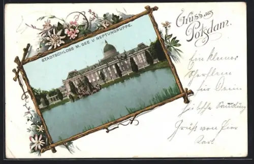 Lithographie Potsdam, Stadtschloss mit See und Neptungruppe, Edelweiss, Passepartout