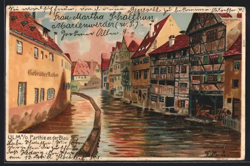 Künstler-AK Ulm a. D., Blau mit Geschäft Gebrüder Nathan