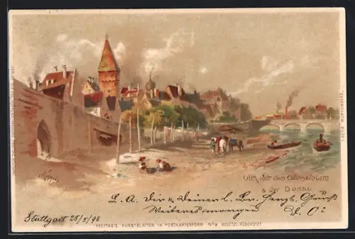 Lithographie Ulm / Donau, Ortsansicht mit Metzgerturm