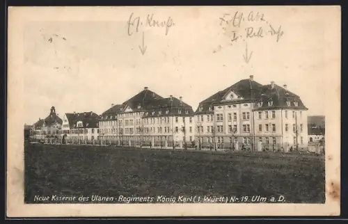 AK Ulm / Donau, Neue Kaserne des Ulanen-Regiments König Karl Nr. 19
