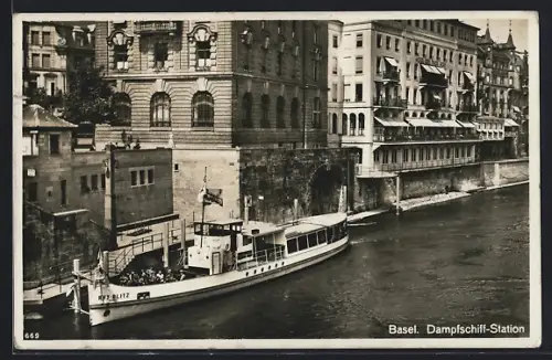 AK Basel, Dampfschiff-Station, Dampfer RHY-Blitz