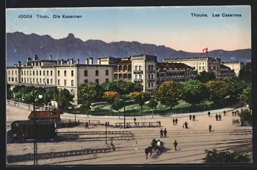 AK Thun, Blick auf die Kasernen, Bahngleise mit Güterwaggon