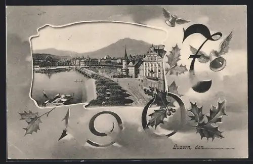 AK Luzern, Ortsansicht im Passepartout, Jahreswechsel 1906/1907