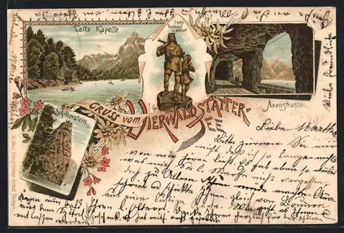 Lithographie Vierwaldstätter See, Tellskapelle, Axenstrasse, Schillerstein