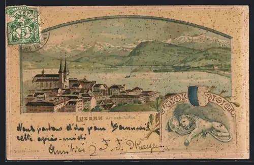 Lithographie Luzern, Panorama mit den Alpen, Passepartout mit Löwen-Denkmal