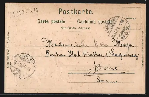 Lithographie Luzern, Panorama mit den Alpen, Passepartout mit Löwen-Denkmal