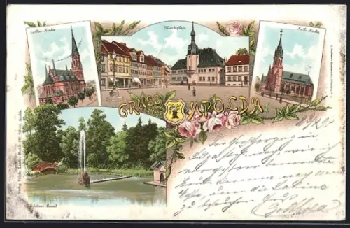 Lithographie Apolda, Lutherkirche, Katholische Kirche und Springbrunnen im Schötner Grund