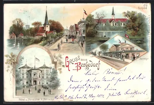 Lithographie Hamburg-Bergedorf, Hotel & Pension H. Meinecke, Bahnhof, Schloss