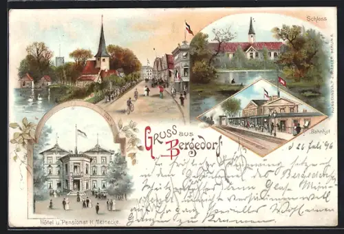 Lithographie Hamburg-Bergedorf, Hotel & Pension H. Meinecke, Bahnhof, Schloss