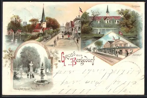 Lithographie Hamburg-Bergedorf, Schloss, Bahnhof, Denkmal Kaiser Wilhelm I. um 1900