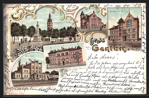 Lithographie Genthin, Bahnhof, Mädchenschule, Kgl. Lehrer-Seminar, Marktplatz