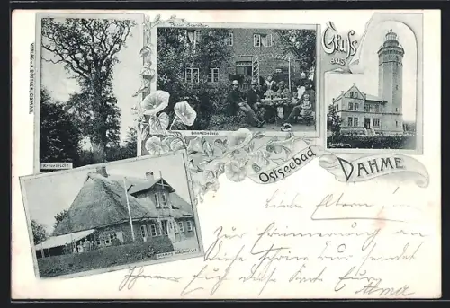 AK Dahme / Ostsee, Hotel-Pension Schröder, Gasthaus Stamps Waldhalle, Kroneneiche, Leuchtturm
