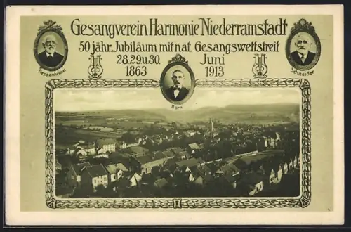 AK Niederramstadt, Panorama, 50. Jubiläum d. Gesangsvereins Harmonie 1863-1913, Portrait's Horn, Schneider