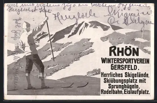 Grusskarten-AK Gersfeld /Rhön, Skifahrer am Wintersportplart