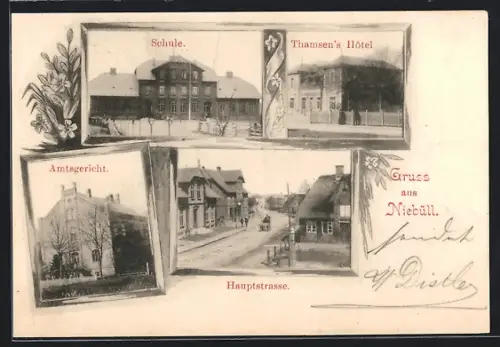 AK Niebüll, Hauptstrasse, Thamsen`s Hotel, Schule und Amtsgericht
