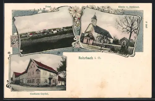 AK Rohrbach / Ober-Ramstadt, Gasthaus Geydul, Kirche und Totalansicht