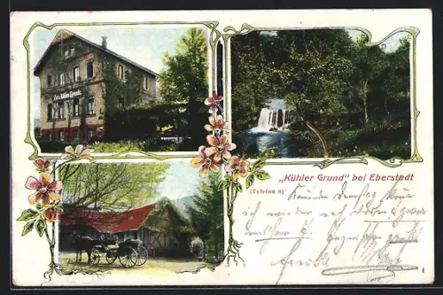 AK Darmstadt, Eberstadt, Pension zum Kühlen Grunde, Pferdekutsche und Parkanlage