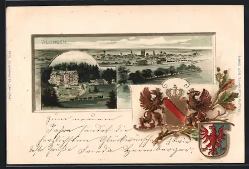 Passepartout-Lithographie Villingen / Baden, Panorama mit Wappen