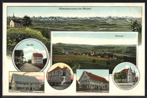 AK Amtzell, Ortsansicht, Gasthaus zum Adler, Handlung von Paul Schellinger, Neue Villa, Pfarrhaus und Schloss