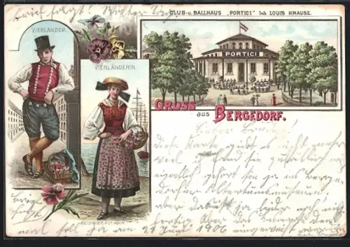 Lithographie Hamburg-Bergedorf, Gasthof u. Ballhaus Portici mit, Inh. L. Krause, Vierländer u. Vierländerin in Tracht