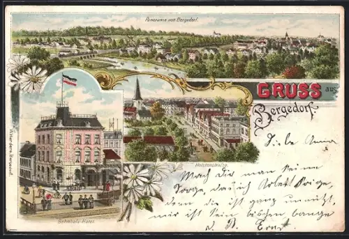 Lithographie Hamburg-Bergedorf, Panorama, Bahnhofs-Hotel, Holstenstrasse