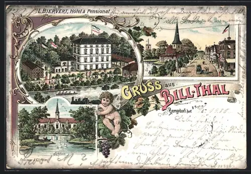 Lithographie Hamburg-Bergedorf, Hotel & Pensionat Bill-Thal von L. Biervert