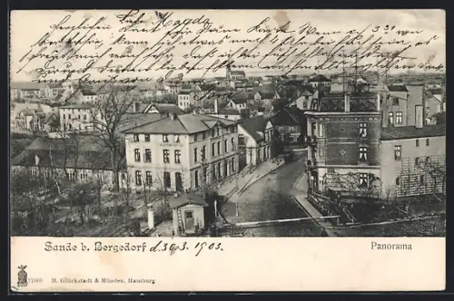 AK Sande b. Bergedorf, Panorama mit Bahnübergang, Gasthaus Holtsteinischer Hof