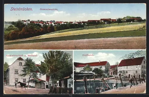 AK Steinbrücken, Gastwirtschaft A. Heiland, Dorfteich, Totalansicht des Ortes