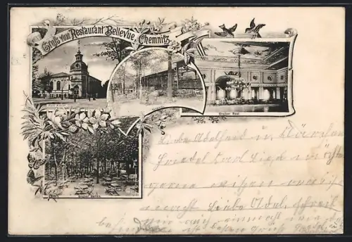 Lithographie Chemnitz, Restaurant Bellevue, Grosser Garten, Grosser Saal