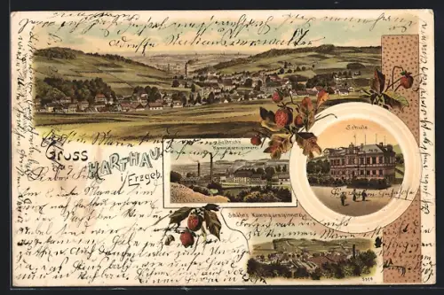 Lithographie Harthau i. Erzgeb., Solbrich`s Kammgarnspinnerei, Schule