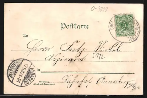 Lithographie Harthau i. Erzgeb., Solbrich`s Kammgarnspinnerei, Schule