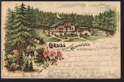 Lithographie Brotterode i. Th., Gasthaus zum Mommelstein, Hochwald am Waldrand